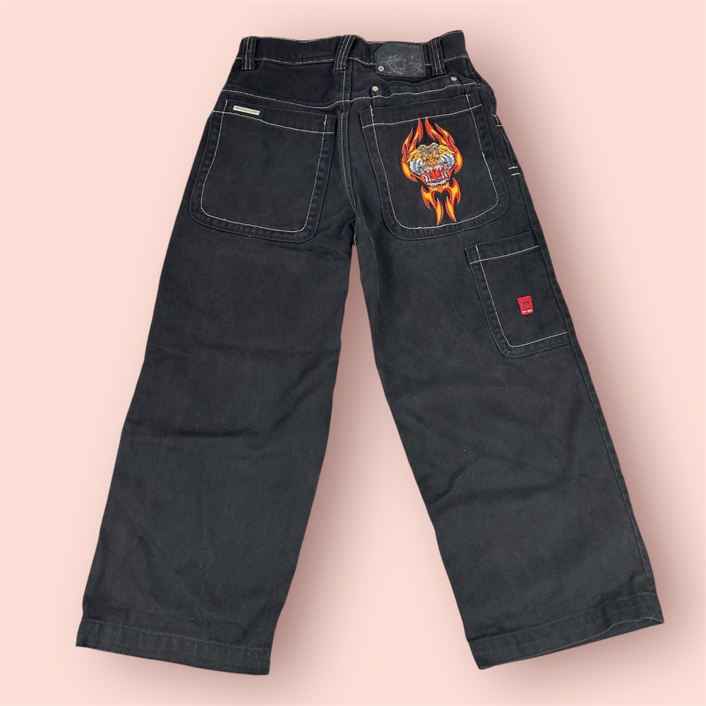 Vintage JNCO Jeans Flaming Tiger Youth 12 Black Embroidered Wide-Leg Skater Y2K